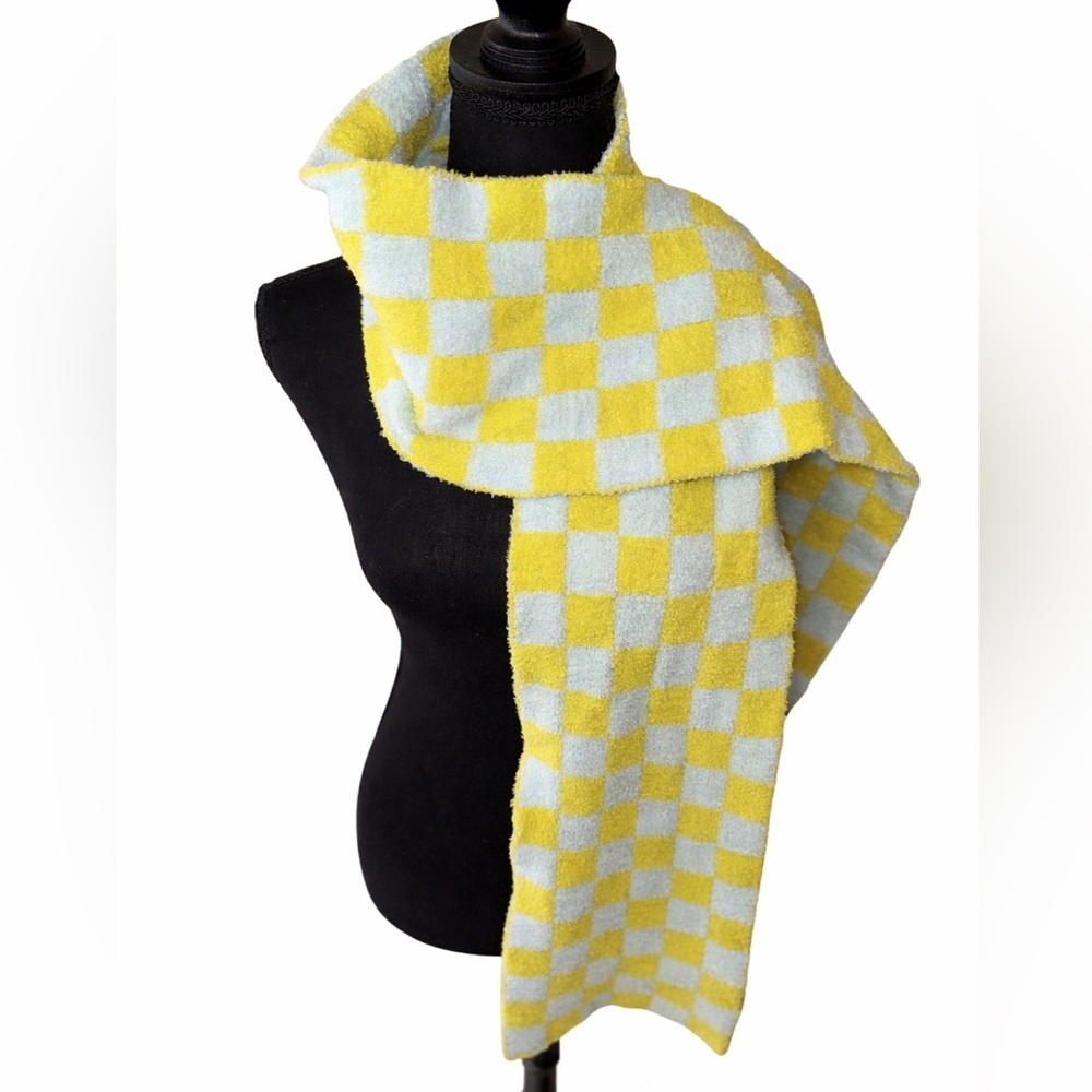 Checkered Lime Green & Light Blue Fuzzy Knit Scarf Soft Cozy Winter Wrap